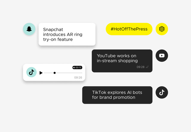 text bubbles are displaying the latest news in social media about the advance of new technologies in e-commerce.