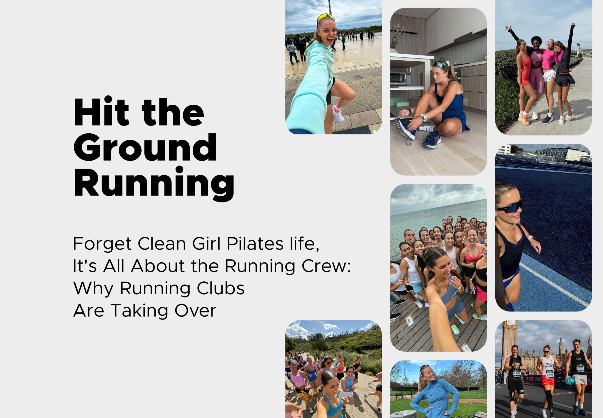 A grey background with a multitude of phone-shaped photos of people doing different forms of exercise, with the headline "Hit the Ground Running"