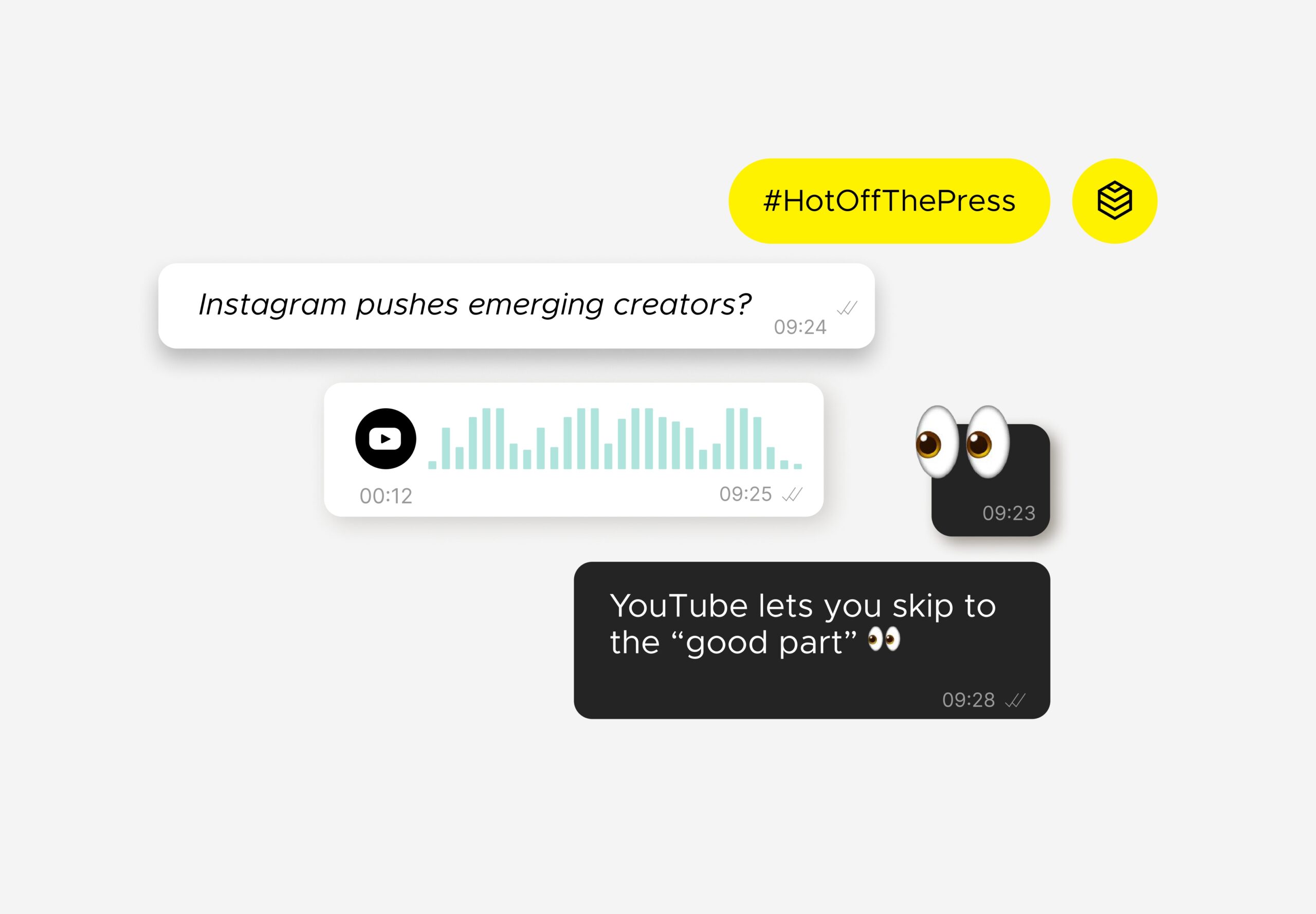 A grey background with multiple text-like speech bubbles that say "Instagram pushes emerging creators" and "YouTube lets you skip to the good part"